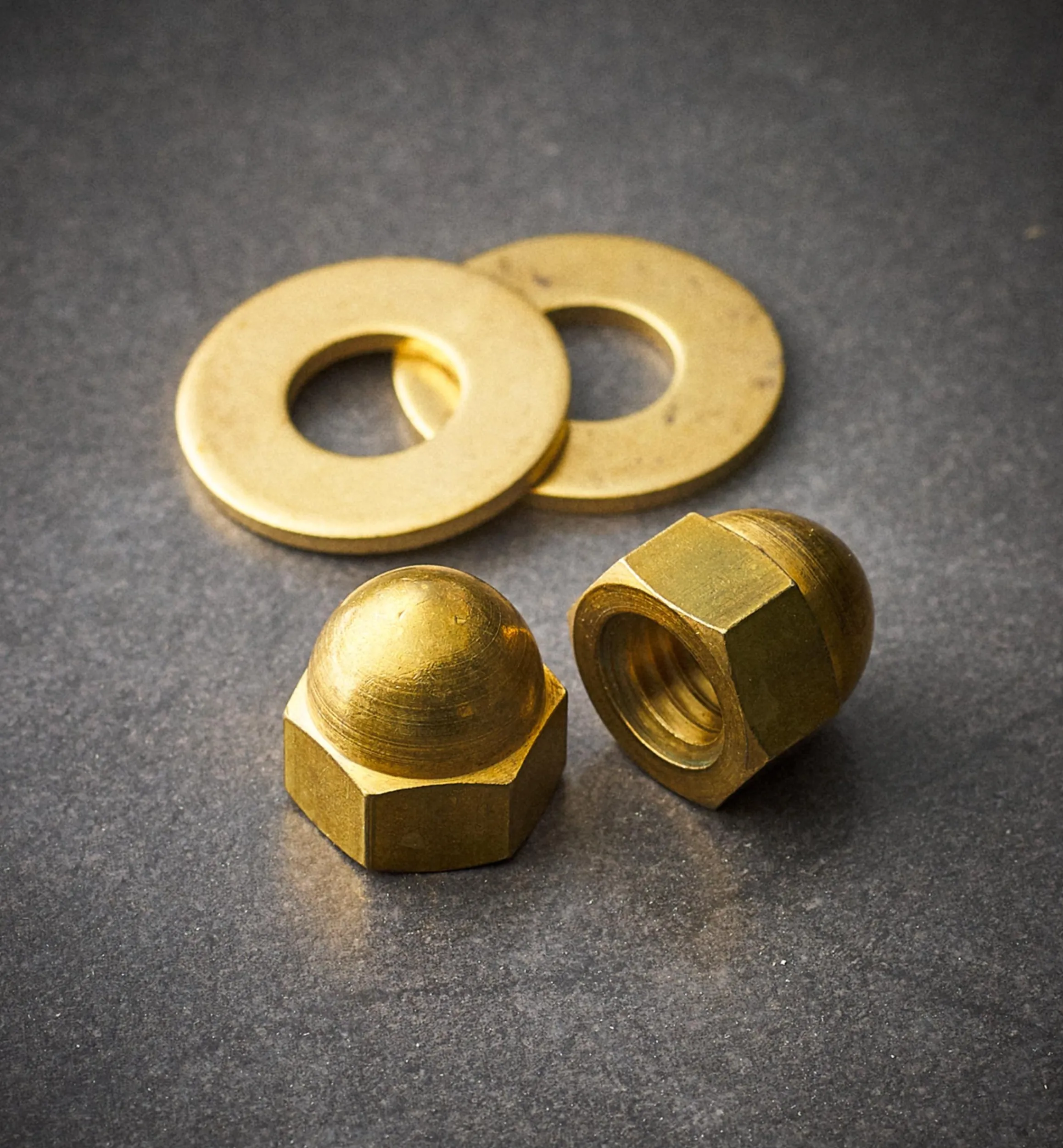 Lee Valley Fasteners>Brass Cap Nuts And Washers For Cast-Iron Legs