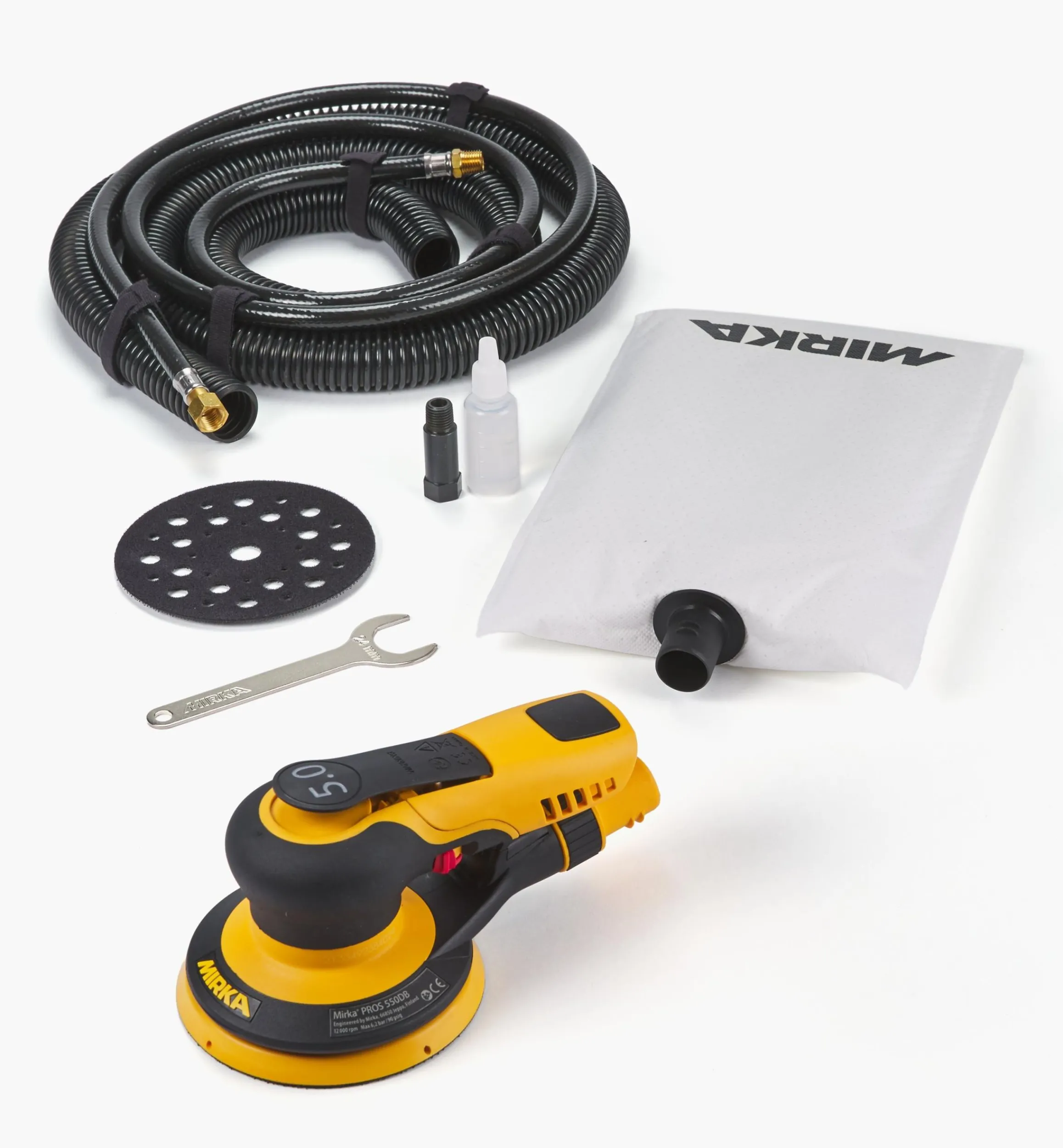 Lee Valley Power Tools>Mirka PROS 5" Pneumatic Sander With Self-Generating Vacuum, 5mm Orbit