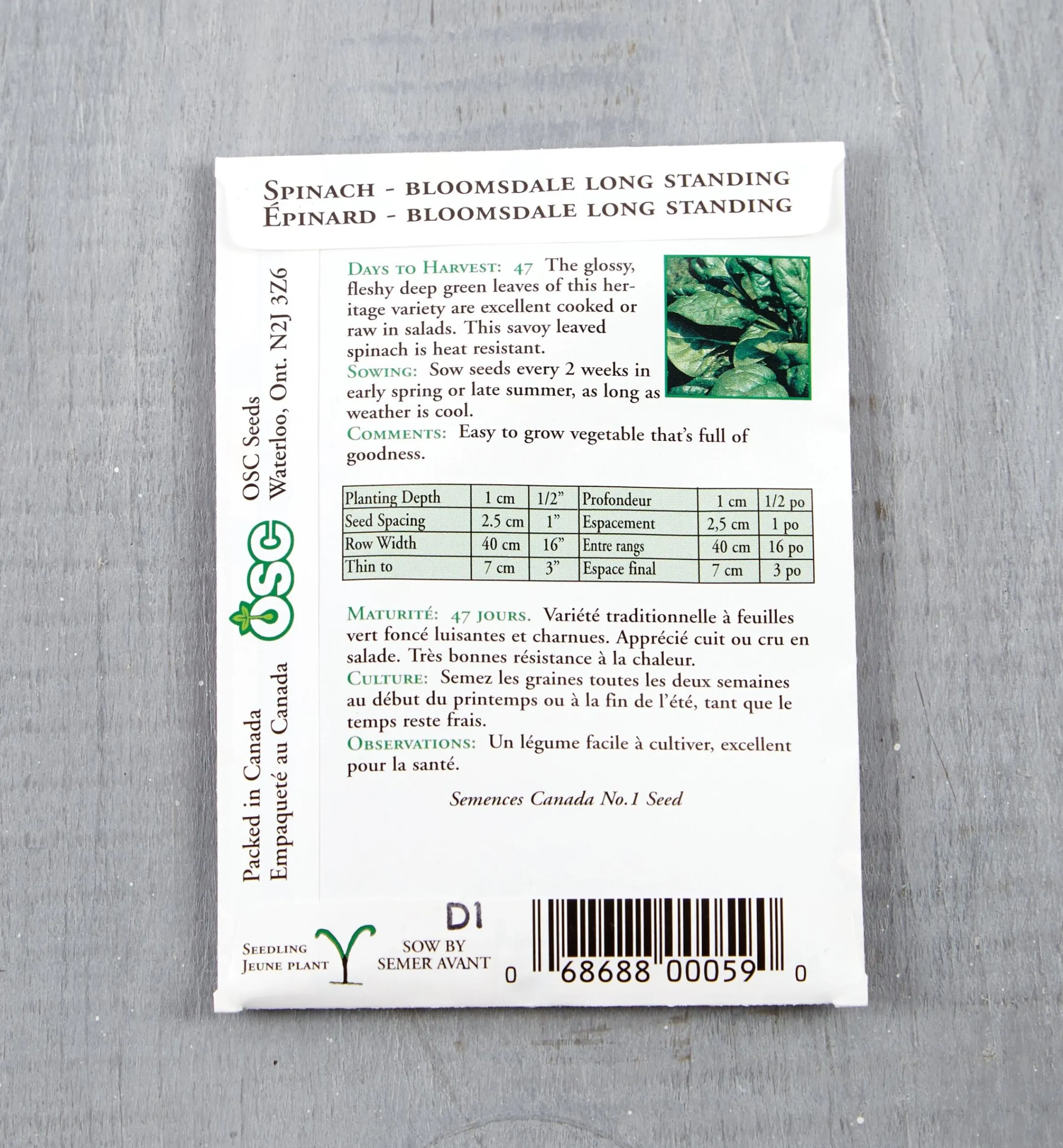 Lee Valley Seed Starting>OSC Spinach Seed Packet